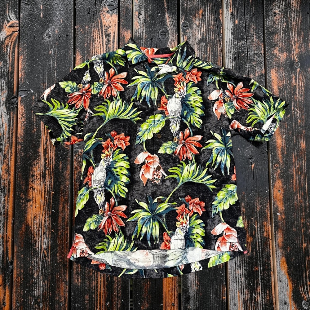Tommy Bahama Silk Hawaiian Camp Shirt Men M Black Floral Cockatoo Tropical